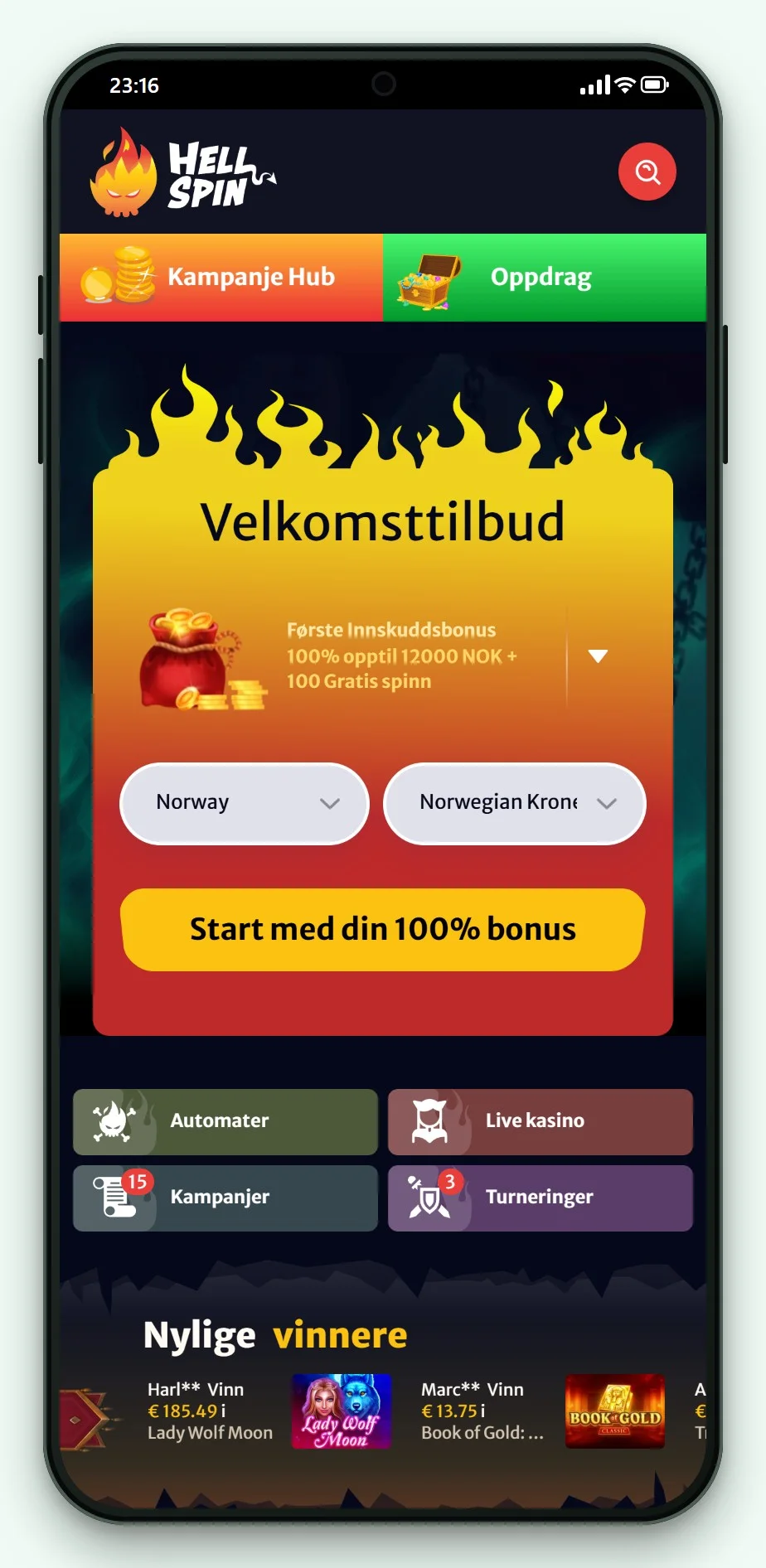 AstroPay casino: HellSpin mobilversjon, lobbyen