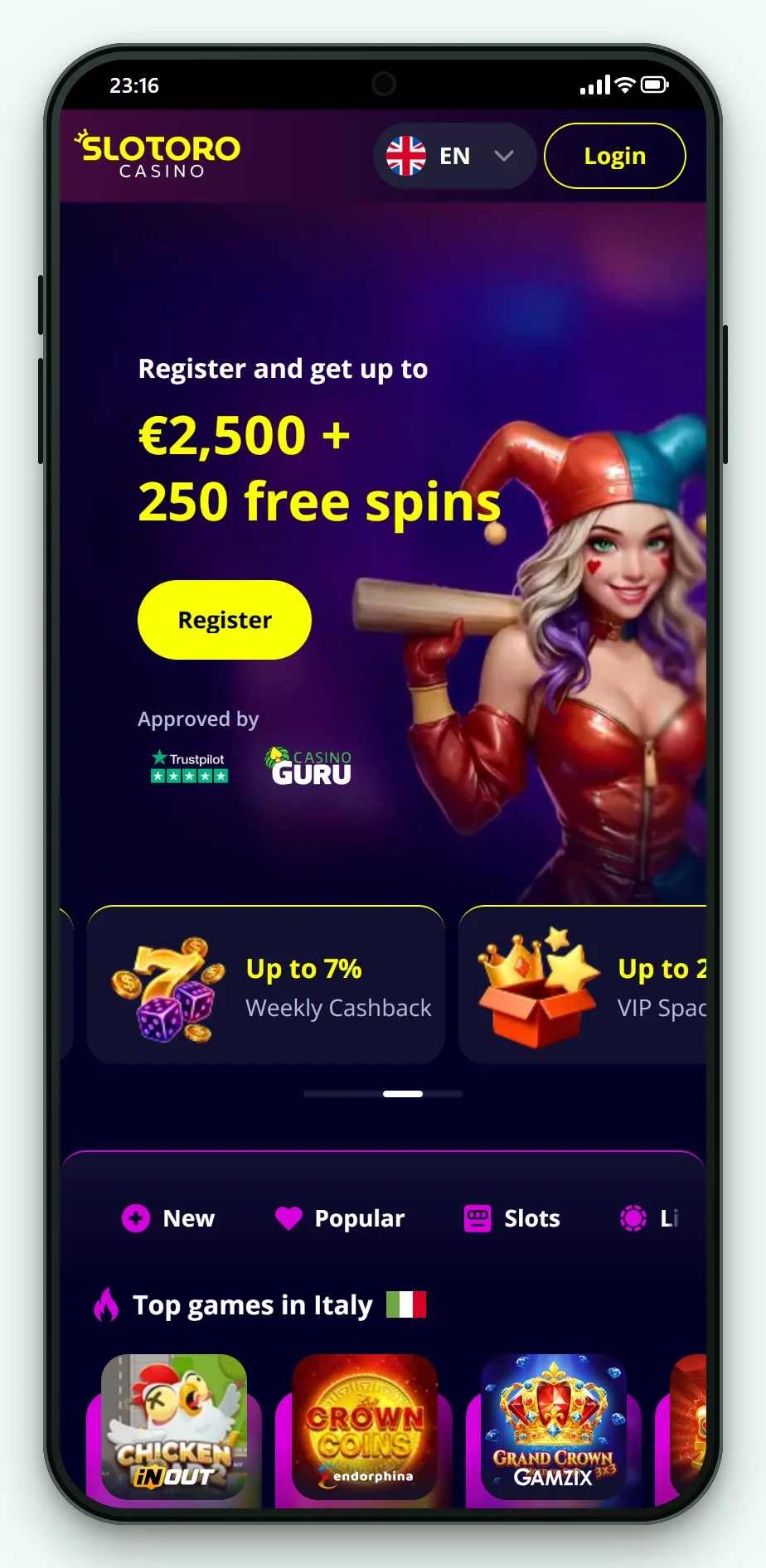 casino AstroPay: Slotoro mobilversjon, lobbyen