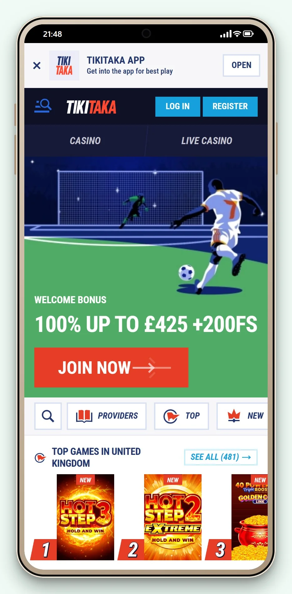 the mobile lobby of TikiTaka, reviewed in our astropay betting sites guide